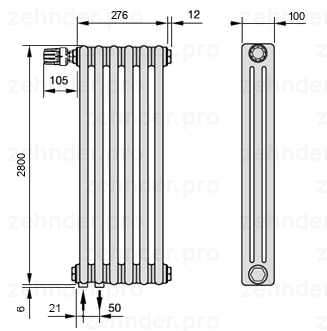 Схема (чертеж) Радиатор Zehnder Charleston 3280/6 №V001 Белый глянцевый RAL 9016